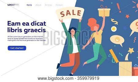 Customers Celebrating Sale. People Holding Gift, Credit Card, Loudspeaker, Dancing, Having Fun. Vect