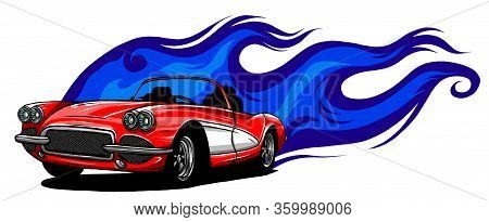 Sports Car Emblem With Fire Flames. Textile Prints, Vinyl Stickers And Decals For Auto.