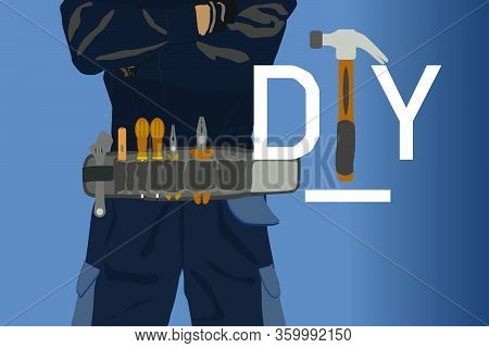 Toolbelt With Tools Package And Technician In Background.  Diy Concept