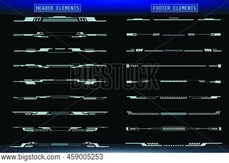 Hud Futuristic Header And Footer Elements Set For Ui Inforgraphic Vector. Gray Abstract Future Cyber
