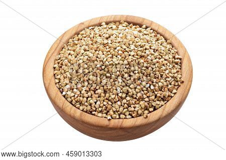 Dry Buckwheat In Wooden Bowl, Isolated On White Background, Full Depth Of Field. File Contains Clipp