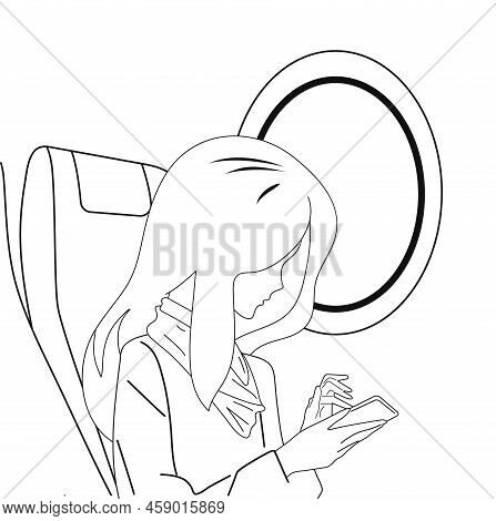 Black And White People Travel By Plane. Seats And Porthole, Joy And Relaxation. Vector Illustration.