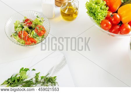 The Healthy Vegetarian Salad On White Table