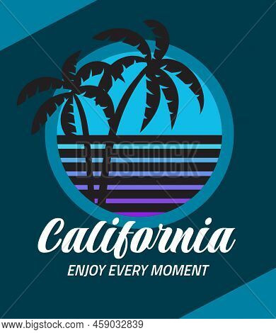 Sunset Beach Palm Poster. Retro Print With Summer Tree, Palm Leaves On Vintage Sun Background, Waves