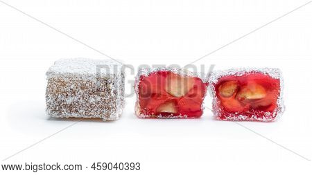 Turkish  Delight With Phistachio And Almond Covered With Coconut Isolated On White