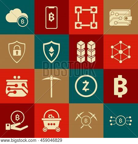 Set Cryptocurrency Bitcoin In Circle With Microchip Circuit, Bitcoin, Blockchain Technology, Shield 