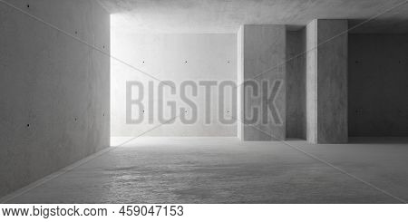 Abstract Large, Empty, Modern Concrete Room, Indirect Light From The Left, Double Pillar And Rough F