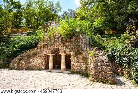 Grotto Of Diana In Park Flower Garden, Pyatigorsk, Russia. Scenic View Of Historical Landmark Of Pya