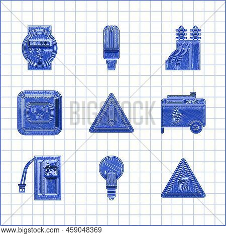Set Exclamation Mark In Triangle, Light Bulb With Concept Of Idea, High Voltage Sign, Portable Power