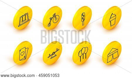 Set Line Circus Tent, Balloons With Ribbon, Seesaw, Playing Card, Ice Cream Waffle Cone, Corn Dog, V