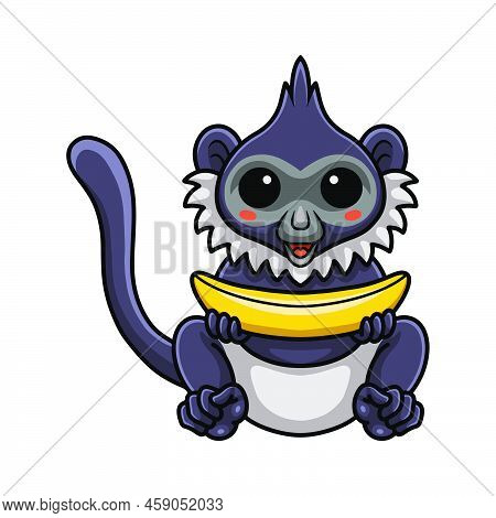 Vector Illustration Of Cute Delacour's Langur Cartoon Holding A Banana