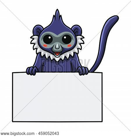 Vector Illustration Of Cute Delacour's Langur Cartoon Holding Blank Sign
