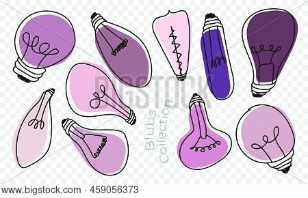 Light Bulbs Doodle. Colorful Light Blubs Icon Set. Creative Light Bulbs Doodle Collection. Vector Il