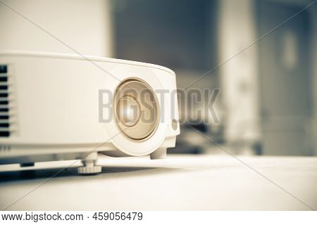 Close-up Computer Projector On Table Boardroom Or Meeting Room Technology Equipment Of Visual Or Vis