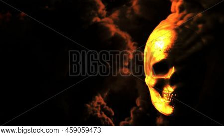 Burning Yellow Skull With Fire Bg With Free Place - War Concept - Abstract 3d Illustration