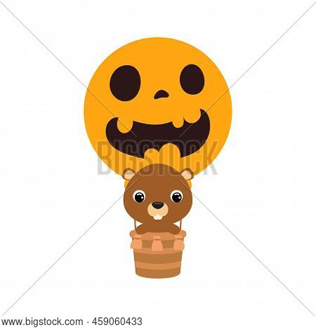 Cute Little Beaver Flying On Halloween Hot Air Balloon. Cartoon Animal Character For Kids T-shirts, 