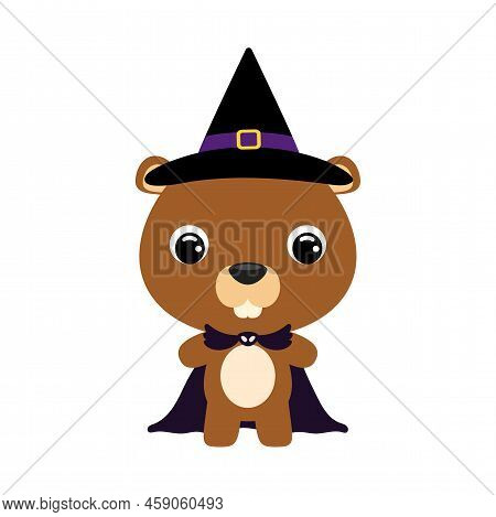 Cute Little Halloween Beaver In A Wizard Costume. Cartoon Animal Character For Kids T-shirts, Nurser