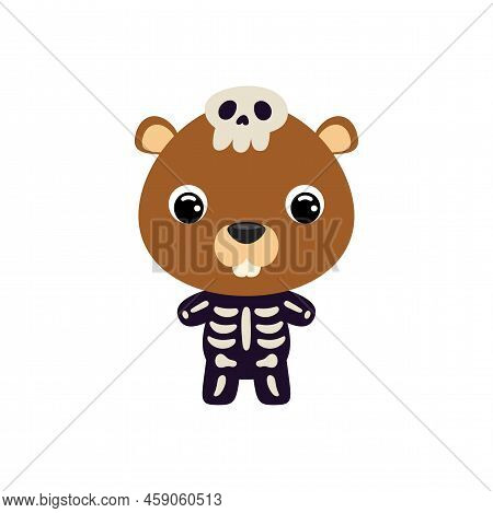 Cute Little Halloween Beaver In A Skeleton Costume. Cartoon Animal Character For Kids T-shirts, Nurs