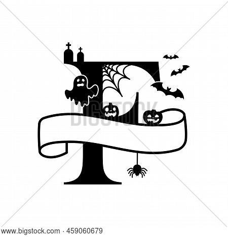 Cute Halloween Letter F Split Monogram. Cartoon Ghost, Pumpkin, Bat For Kids T-shirt, Nursery Decora