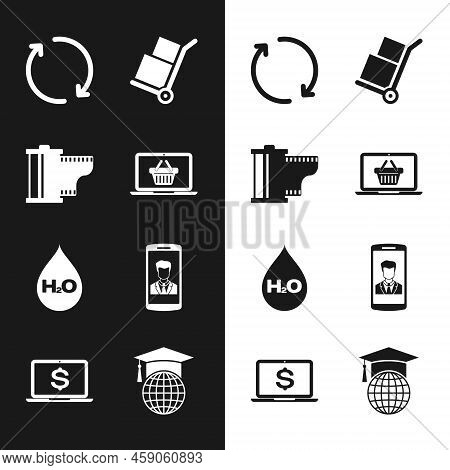Set Shopping Basket On Laptop, Camera Film Roll Cartridge, Refresh, Hand Truck And Boxes, Water Drop