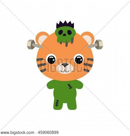 Cute Little Halloween Tiger In A Monster Costume. Cartoon Animal Character For Kids T-shirts, Nurser