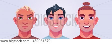 Men Heads With Different Hairstyles. Handsome Male Characters Avatars. Vector Cartoon Illustration O