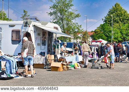 Heidelberg, Germany - August 2022: Monthly Flea Market At Messeplatz Town Square
