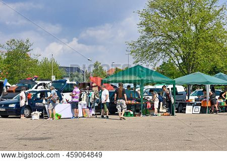 Heidelberg, Germany - August 2022: Monthly Flea Market At Messeplatz Town Square