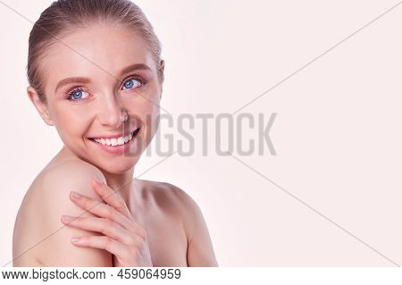 Portrait Of Beautiful Woman With Natural Make Up On White Background