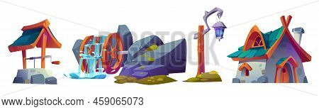 Fairy Tale Village Set, Gnome House, Water Mill With Wooden Wheel And Well. Vector Cartoon Illustrat