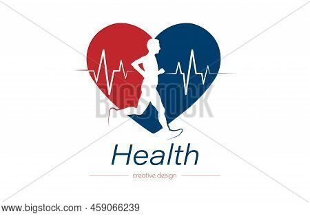 Sports And Health. An Athlete On The Background Of A Heart With A Cardiogram. Flat Style