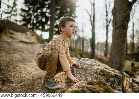 Portrait Of Cute Curious Little Boy In Nautre, Autumn Concept.