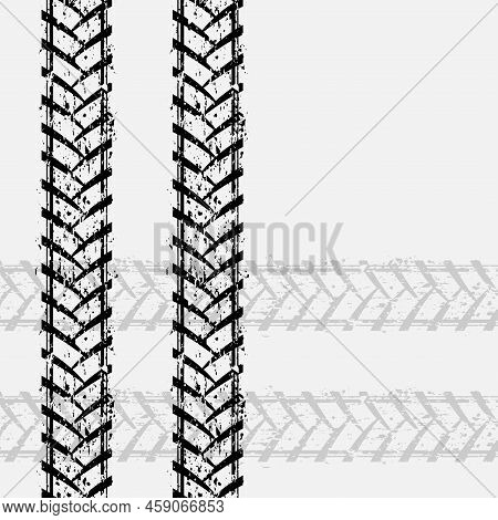 Abstract Grunge Black Tire Track Lines. Brake Down Path On The Road For Different Vehicle Wheels Iso