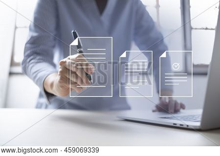 Businesswoman, Work From Home, Handling Documents, E-signing, Signing Digital Contracts Electronic S