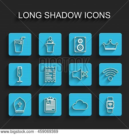 Set Line Pope Hat, Clipboard With Resume, Glass Water, Cloud, Smartwatch Wireless, Paper Or Financia