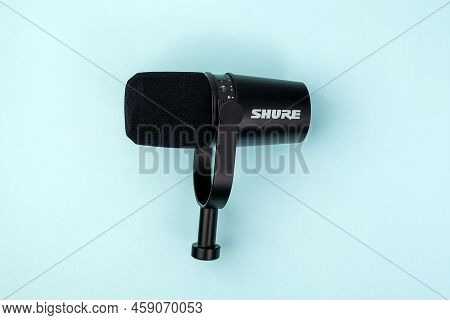 Tyumen, Russia-july 22, 2022: Professional Microphone Shure Mv 7. Flat Lay