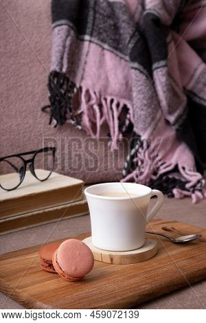 Autumn Mood Background With Cup Of Cocoa, Plaid And Book On Sofa. Hot Drink In Autumn Concept.