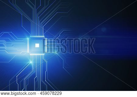 Creative Glowing Chip Circuit Hologram On Dark Background With Mock Up Place. Cpu And Metaverse Conc