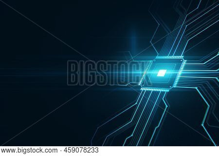 Creative Glowing Chip Circuit Hologram On Dark Wallpaper With Mock Up Place. Cpu And Metaverse Conce