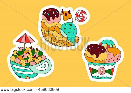 Cute Deserts Doodle Stickers. Mini Melts Small Balls, Ice Cream With Lolypop Taco Waffle, Scoops In 