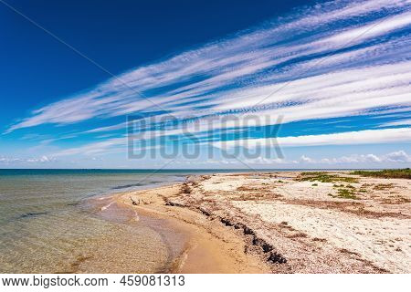 Wild Beautiful Beach On The Dzharylgach Island In The Black Sea.