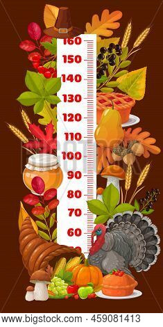 Kids Height Chart Meter With Thanksgiving Turkey, Autumn Harvest And Corucopia. Children Height Vect