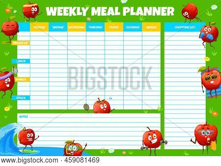 Weekly Meal Planner Happy Red Apple Characters On Summer Vacation. Vector Food Plan For Week With Fu