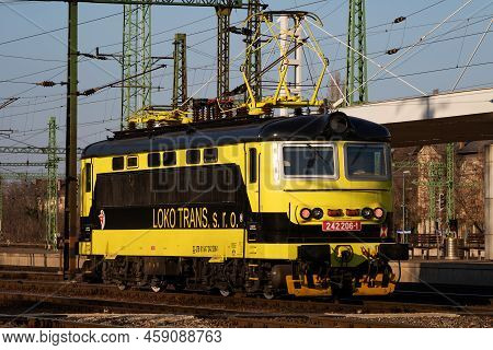 Budapest, Hungary - February 28, 2021: International Train Transportation. Locomotive Train At Stati