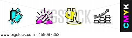 Set Gold Bars, Molten Gold Being Poured And Growth Arrow With Icon. Vector