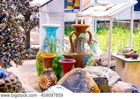 Dushanbe, Tajikistan - July 2, 2022: Many Traditional Tajikistan Ceramic Vases And Jars As A Handmad