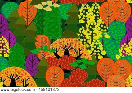 Seamless Pattern With Autumn Forest. Stylized Colorful Trees. Texture Or Backdrop With Abstract Elem