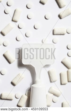 Titanium Dioxide, E171, Dangerous Additive Concept. Gum, Pills, Toothpaste Or Cream And Sign With Sp
