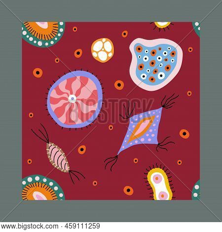 Colorful Medical Seamless Pattern With Cute Doodle Bacterias, Microbs And Dnk
