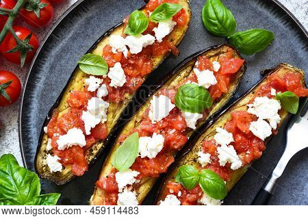 Eggplant Appetizer.
Baked Eggplant With Tomatoes, Ricotta And Basil.